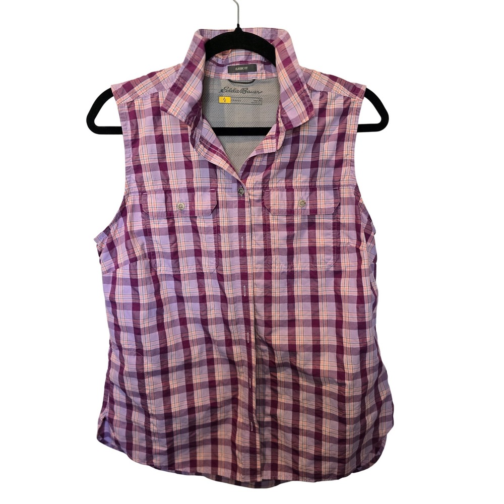 Eddie Bauer Travex Womens Medium Purple Plaid‎ Sleeveless Button Up Hiking Shirt